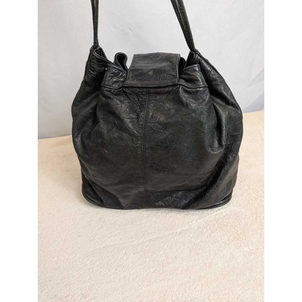 Brio Genuine Leather Drawstring Backpack‎ Shoulder Bag Black Textured Casual